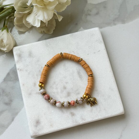 Red vein jasper, clay beads stretch boho bracelet, rubber discs beads jewelry, - Picture 7 of 8